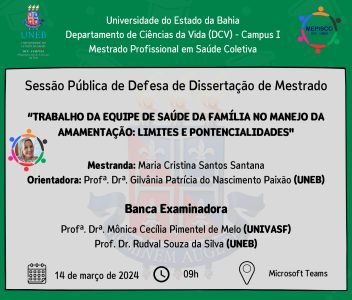 Defesa de Dissertação – Maria Cristina Santos Santana – Dia 14/03/2024